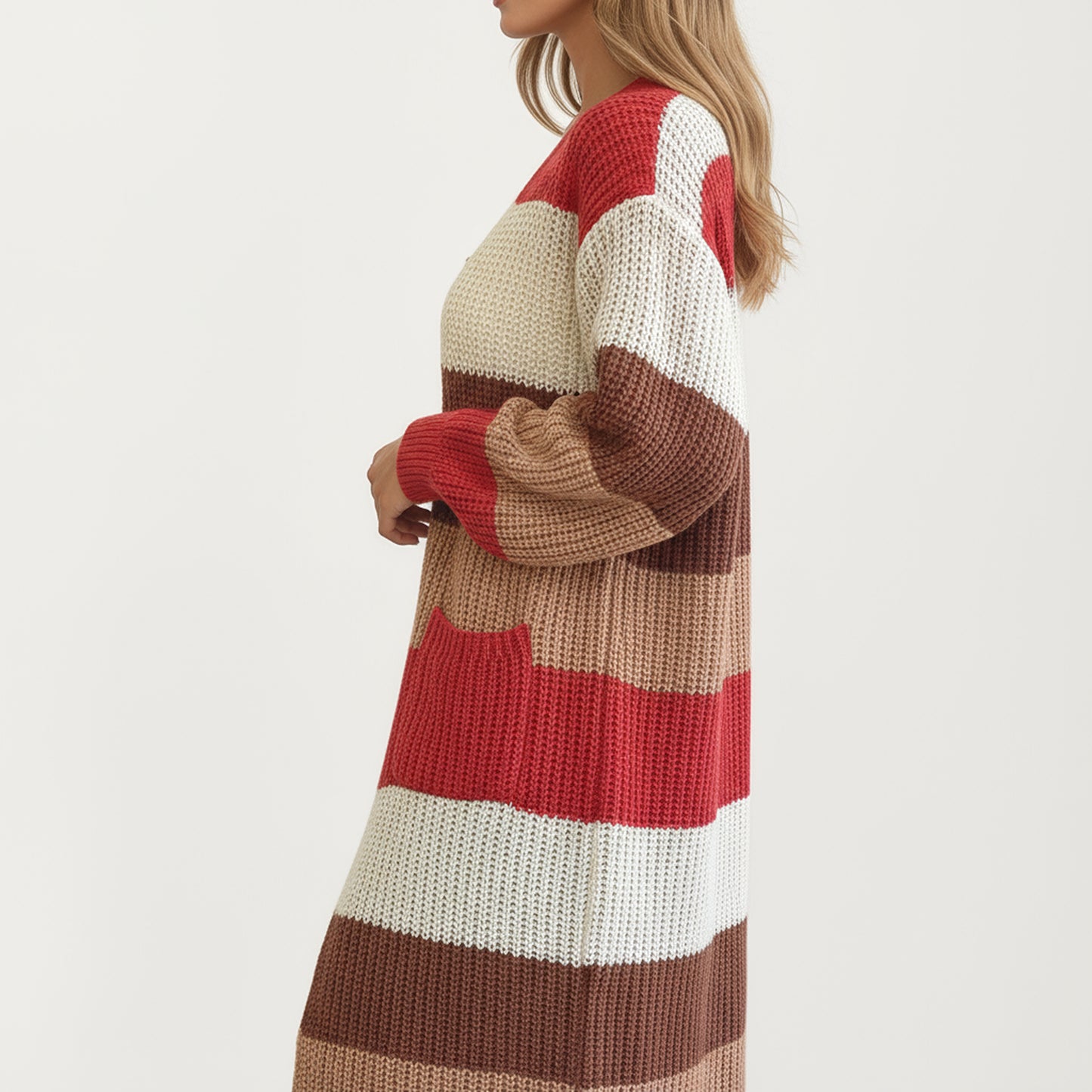 Long Sleeve Open Front Knit Cardigan with Bold Color Block Stripes