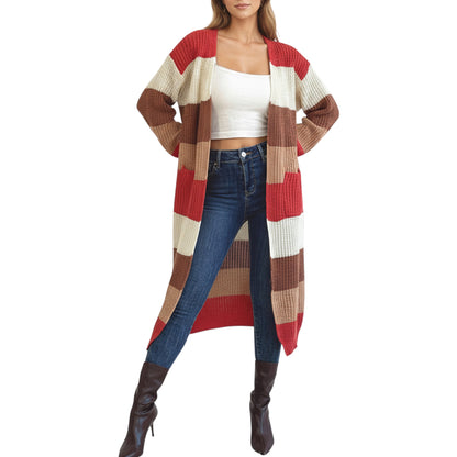 Long Sleeve Open Front Knit Cardigan with Bold Color Block Stripes
