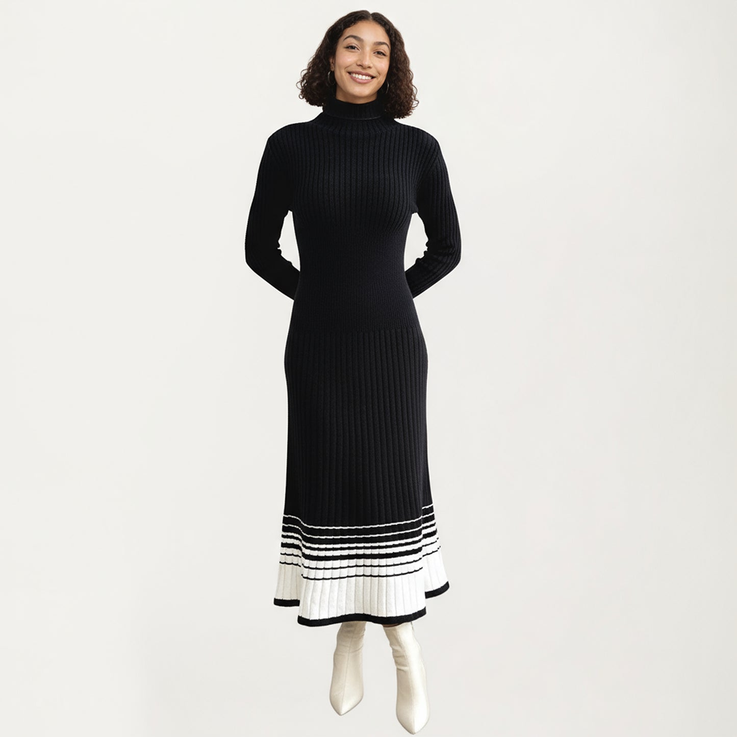 Long Sleeve Ribbed Knit Midi Dress with Contrast Hem Stripe Design