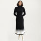 Long Sleeve Ribbed Knit Midi Dress with Contrast Hem Stripe Design