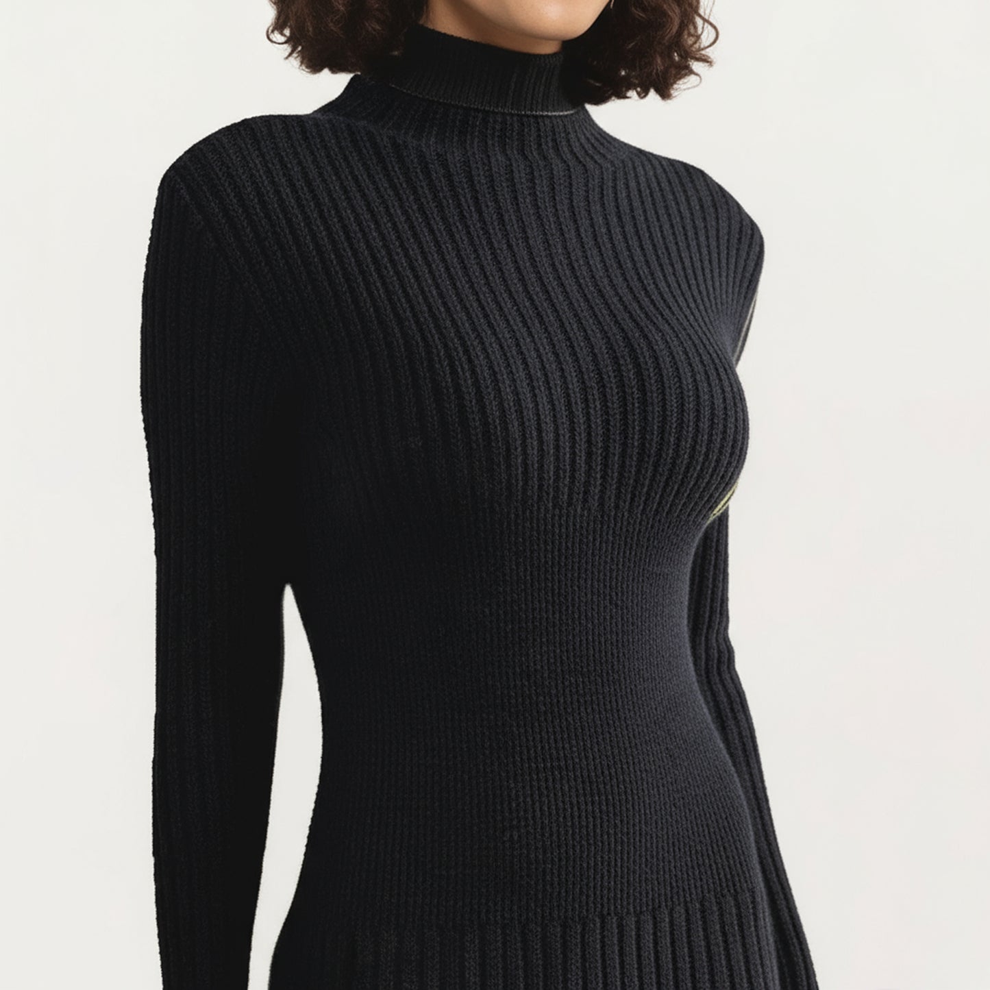 Long Sleeve Ribbed Knit Midi Dress with Contrast Hem Stripe Design