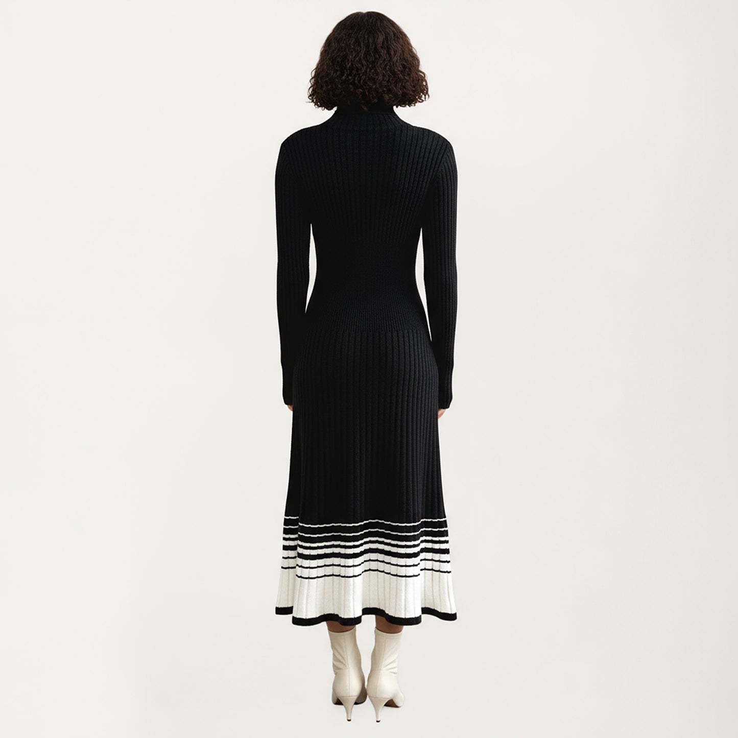 Long Sleeve Ribbed Knit Midi Dress with Contrast Hem Stripe Design