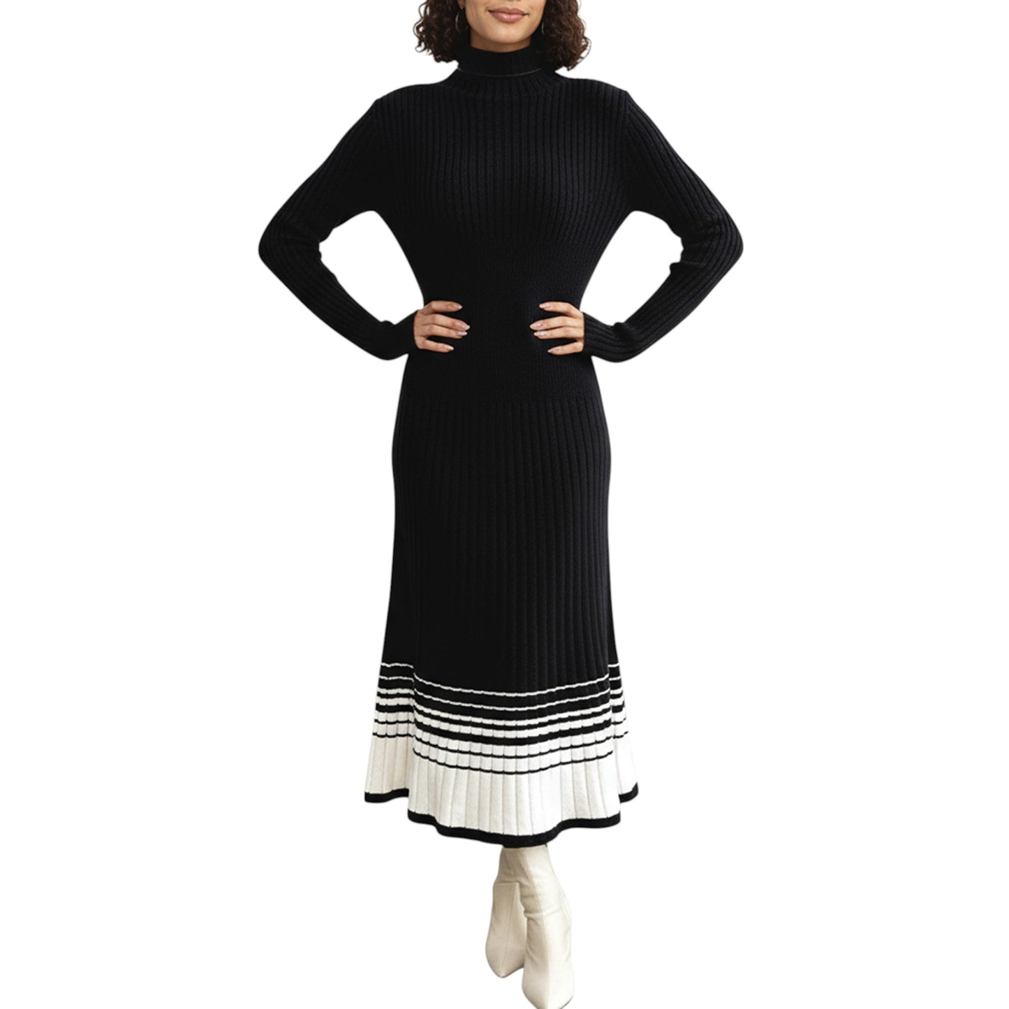 Long Sleeve Ribbed Knit Midi Dress with Contrast Hem Stripe Design
