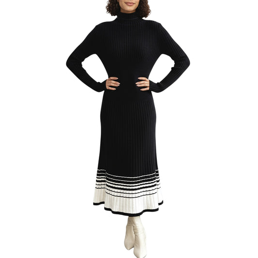 Long Sleeve Ribbed Knit Midi Dress with Contrast Hem Stripe Design