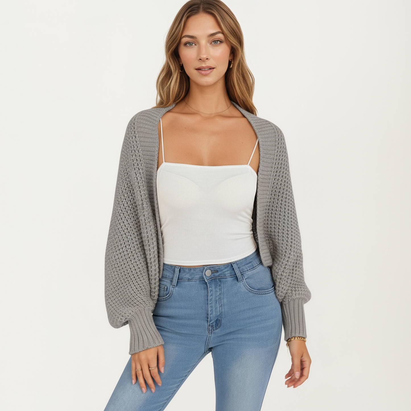 Open Front Long Sleeve Knit Shrug Cardigan with Cropped Fit