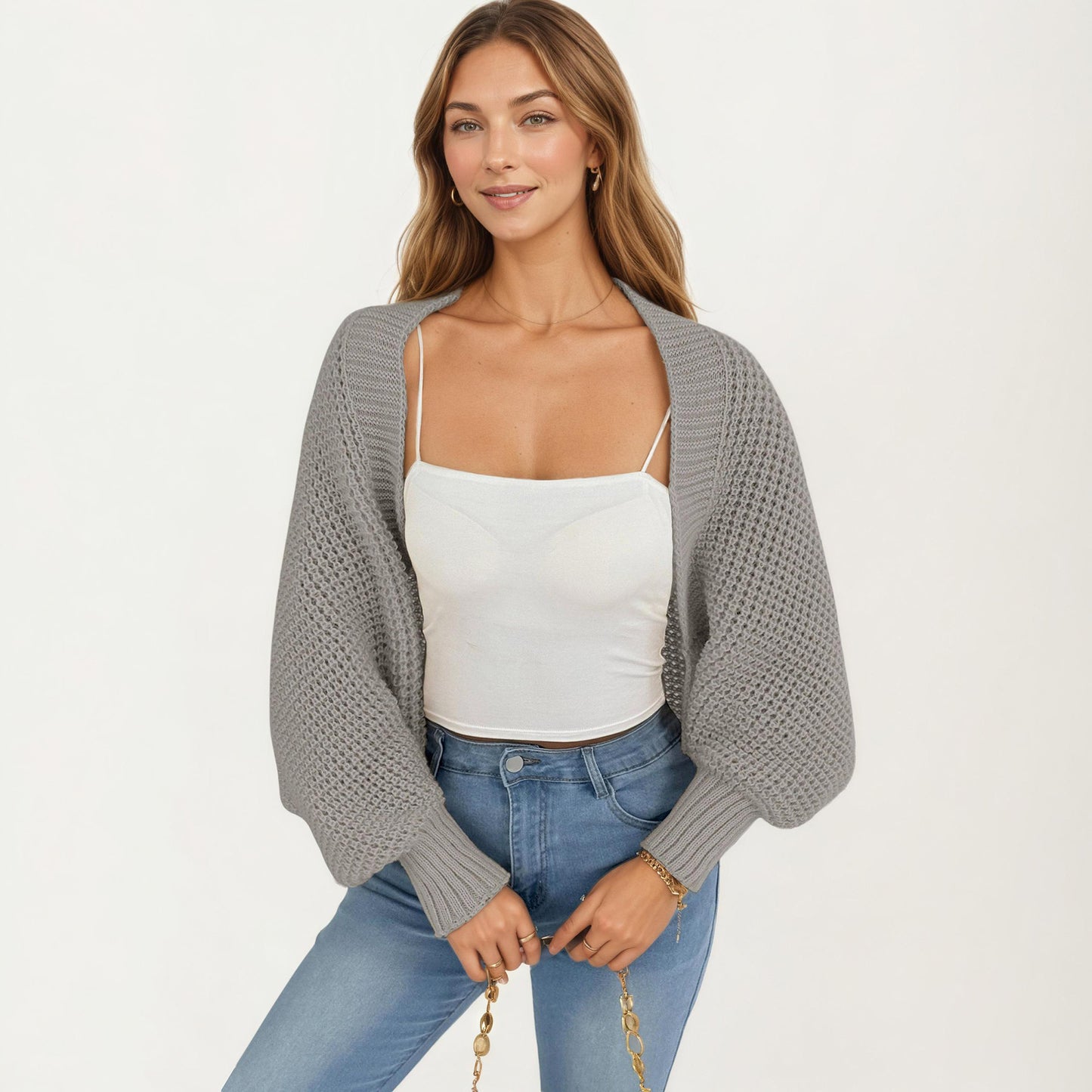 Open Front Long Sleeve Knit Shrug Cardigan with Cropped Fit