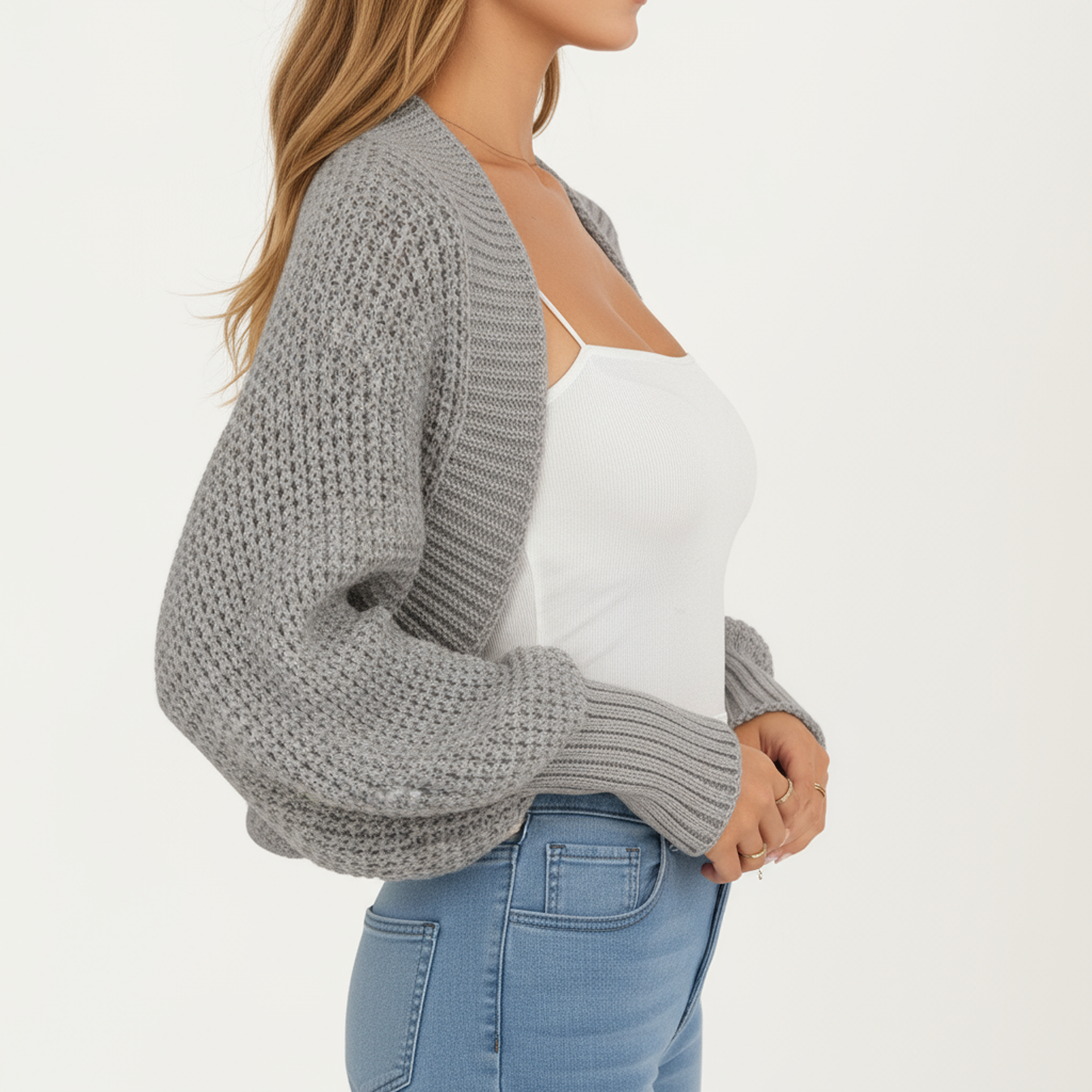 Open Front Long Sleeve Knit Shrug Cardigan with Cropped Fit