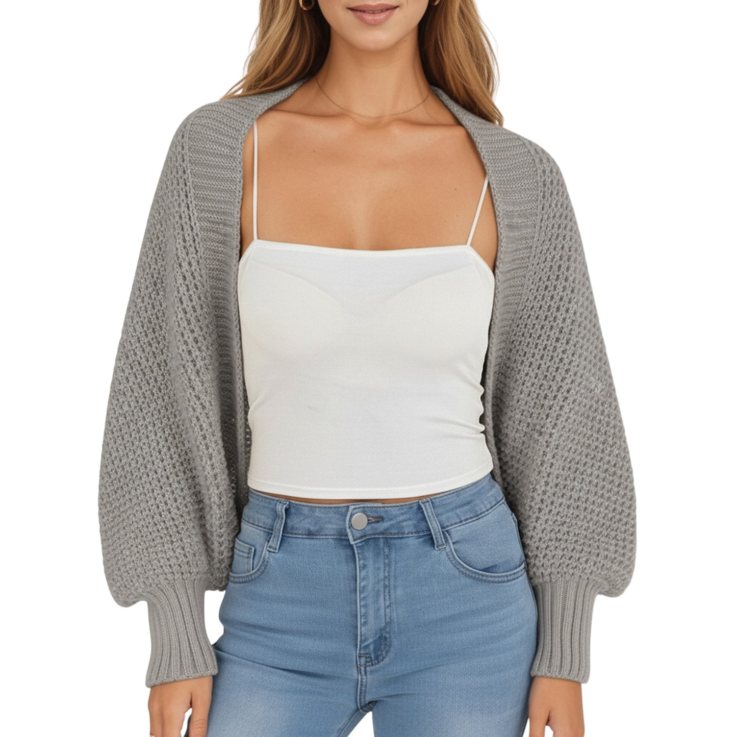 Open Front Long Sleeve Knit Shrug Cardigan with Cropped Fit