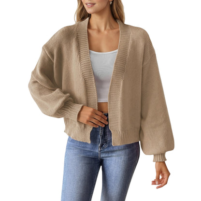 Open Front Long Sleeve Knit Cardigan with Relaxed Fit and Ribbed Hem