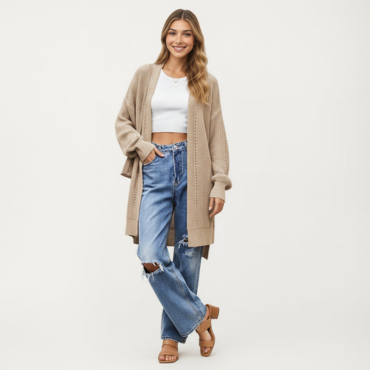 Long Sleeve Open Front Knit Cardigan with Relaxed Fit and Textured Detailing