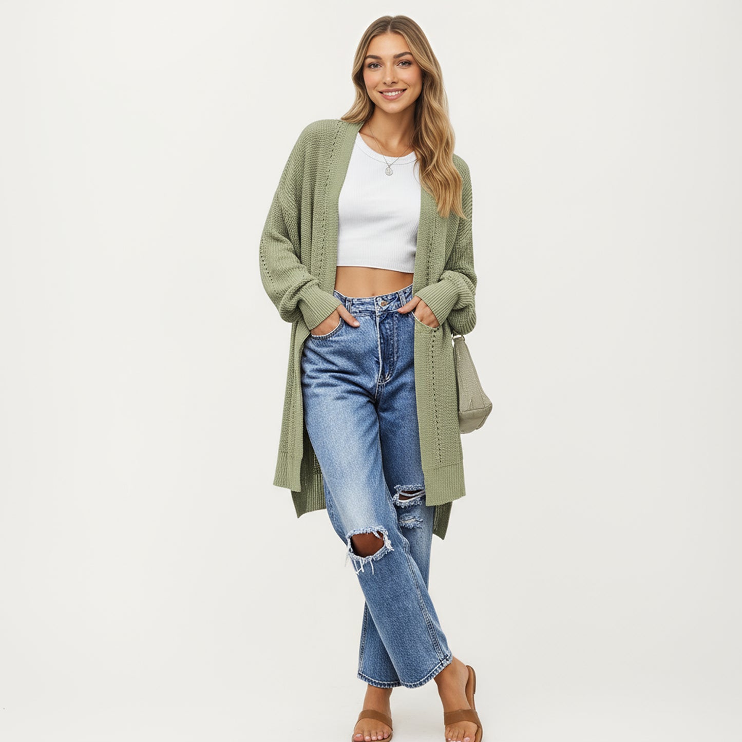 Long Sleeve Open Front Knit Cardigan with Relaxed Fit and Textured Detailing