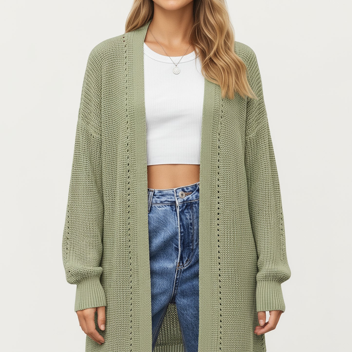 Long Sleeve Open Front Knit Cardigan with Relaxed Fit and Textured Detailing