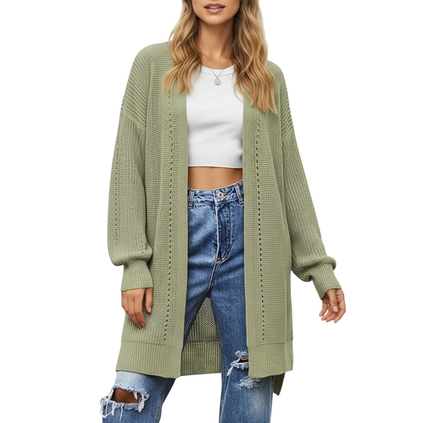 Long Sleeve Open Front Knit Cardigan with Relaxed Fit and Textured Detailing