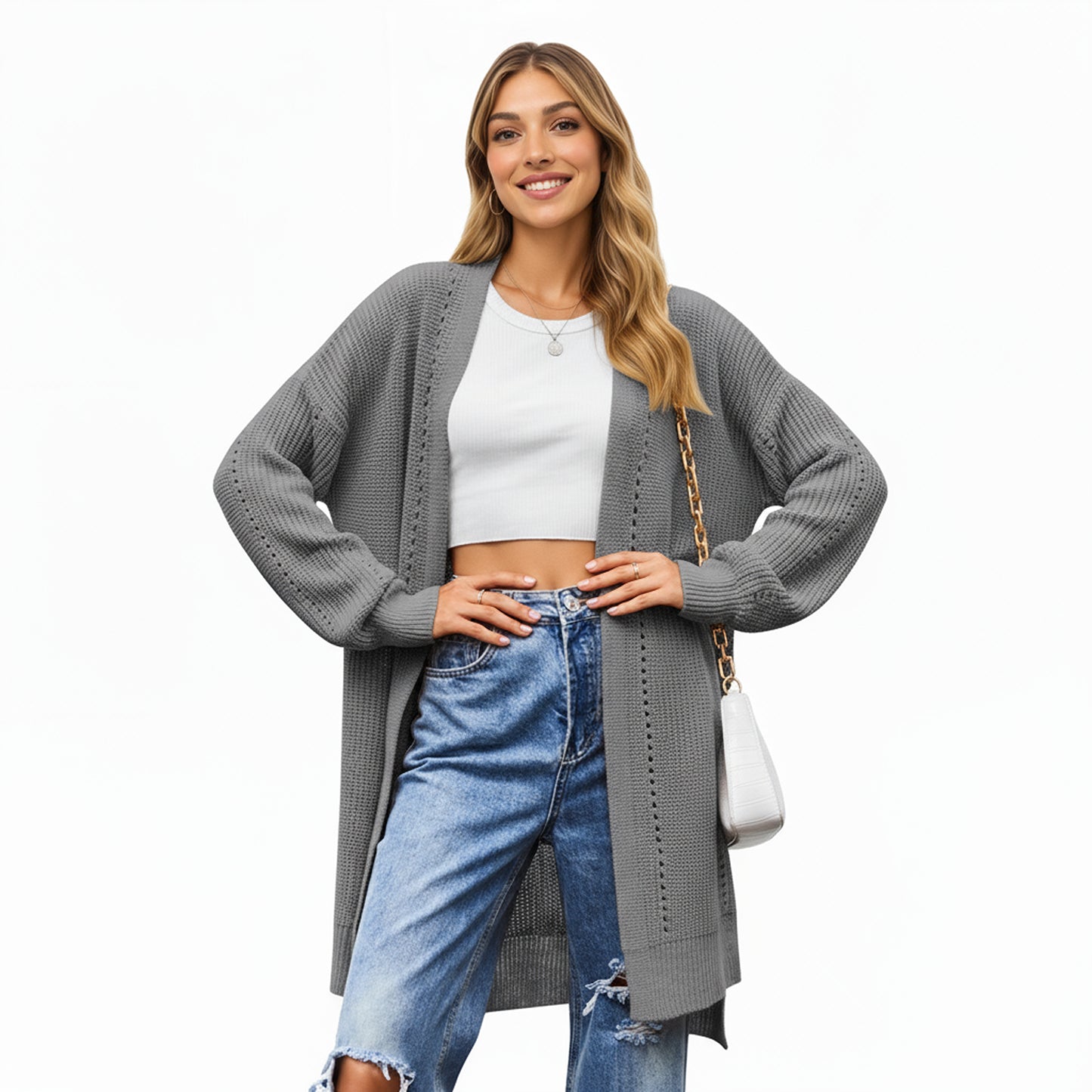 Long Sleeve Open Front Knit Cardigan with Relaxed Fit and Textured Detailing