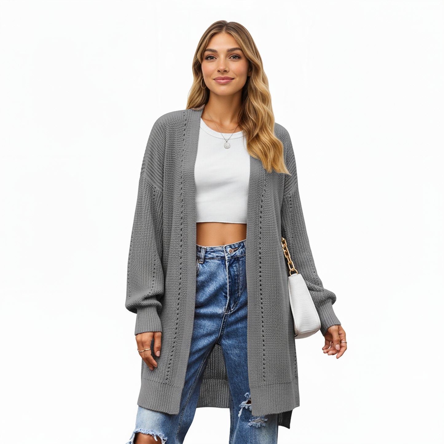 Long Sleeve Open Front Knit Cardigan with Relaxed Fit and Textured Detailing