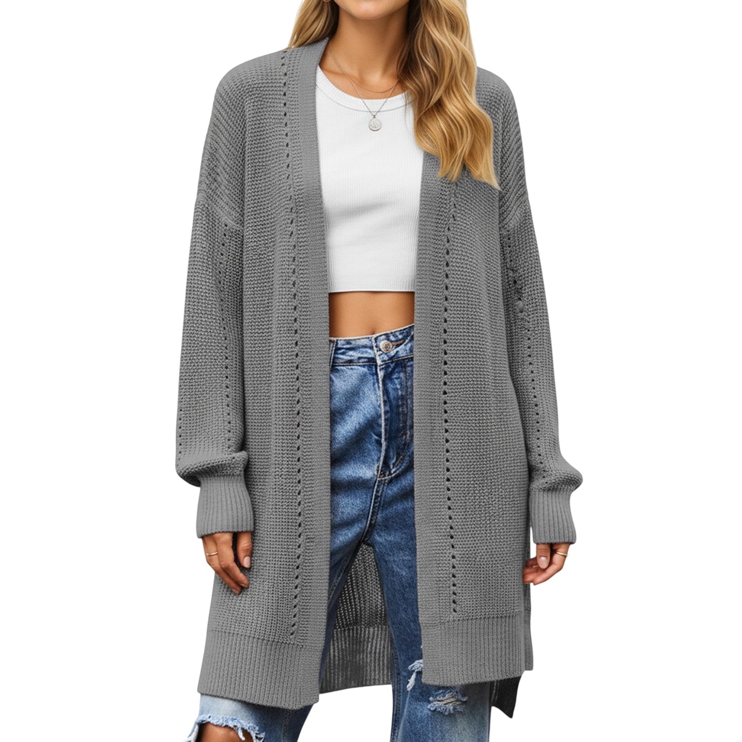 Long Sleeve Open Front Knit Cardigan with Relaxed Fit and Textured Detailing