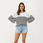 Long Sleeve Striped Knit Pullover Sweater with Relaxed Fit and Ribbed Hem