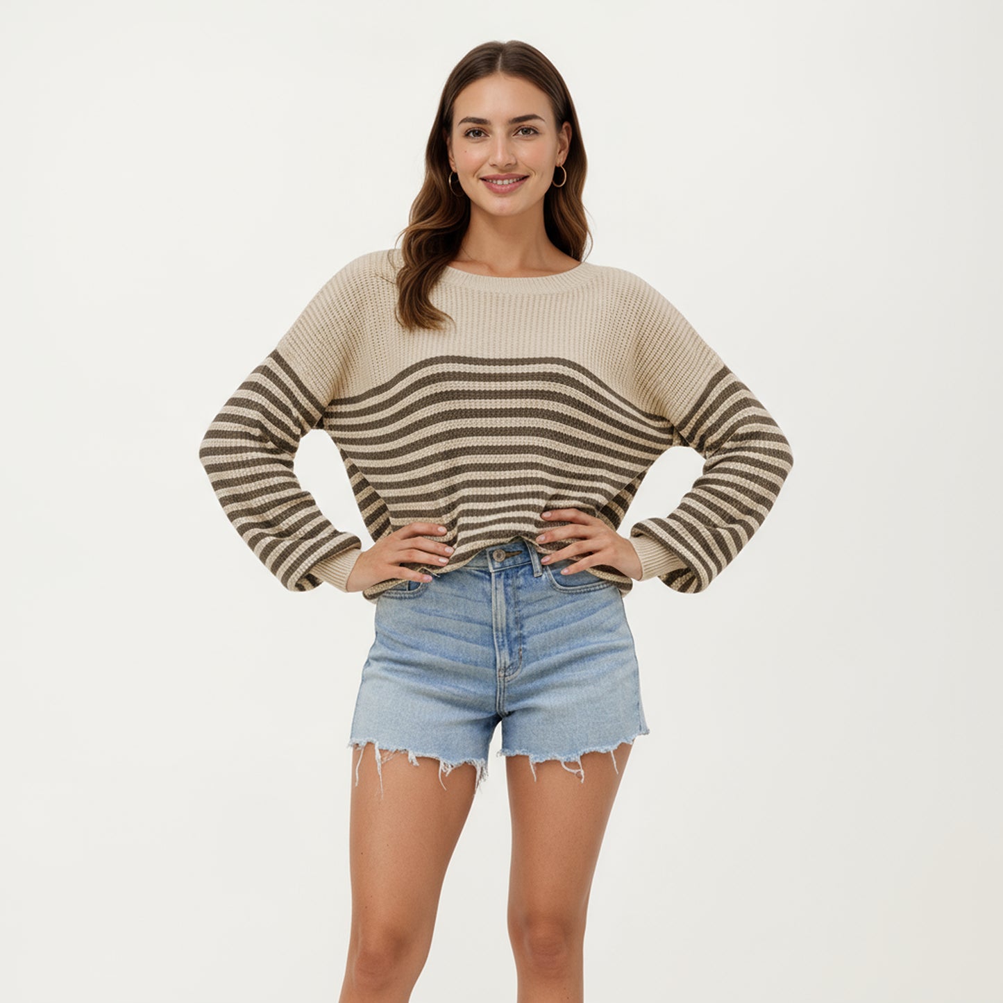 Long Sleeve Striped Knit Pullover Sweater with Relaxed Fit and Ribbed Hem