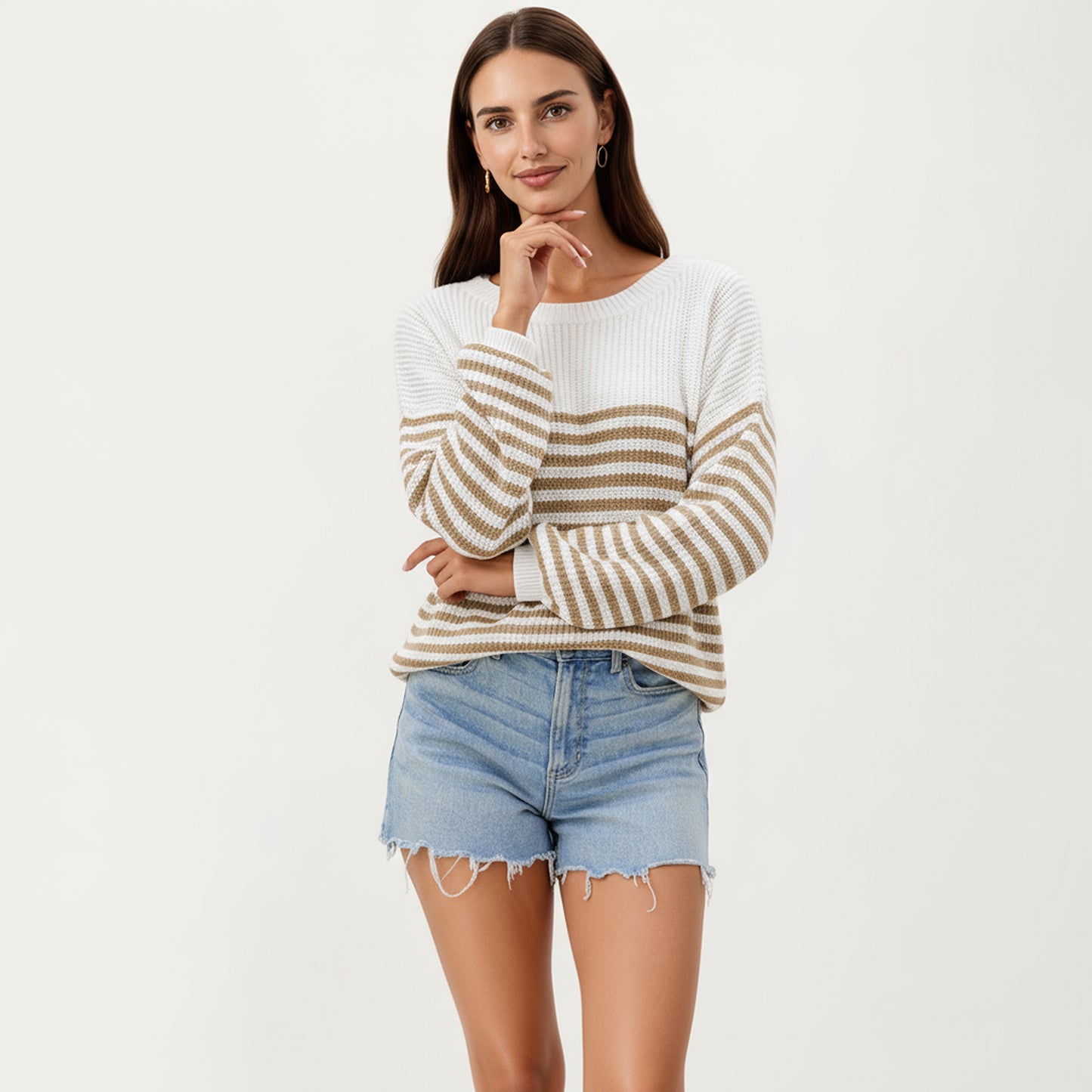 Long Sleeve Striped Knit Pullover Sweater with Relaxed Fit and Ribbed Hem