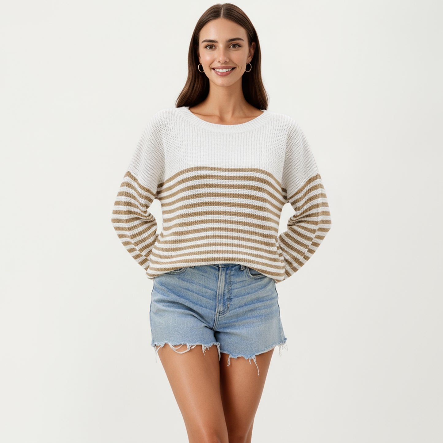Long Sleeve Striped Knit Pullover Sweater with Relaxed Fit and Ribbed Hem