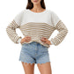 Long Sleeve Striped Knit Pullover Sweater with Relaxed Fit and Ribbed Hem