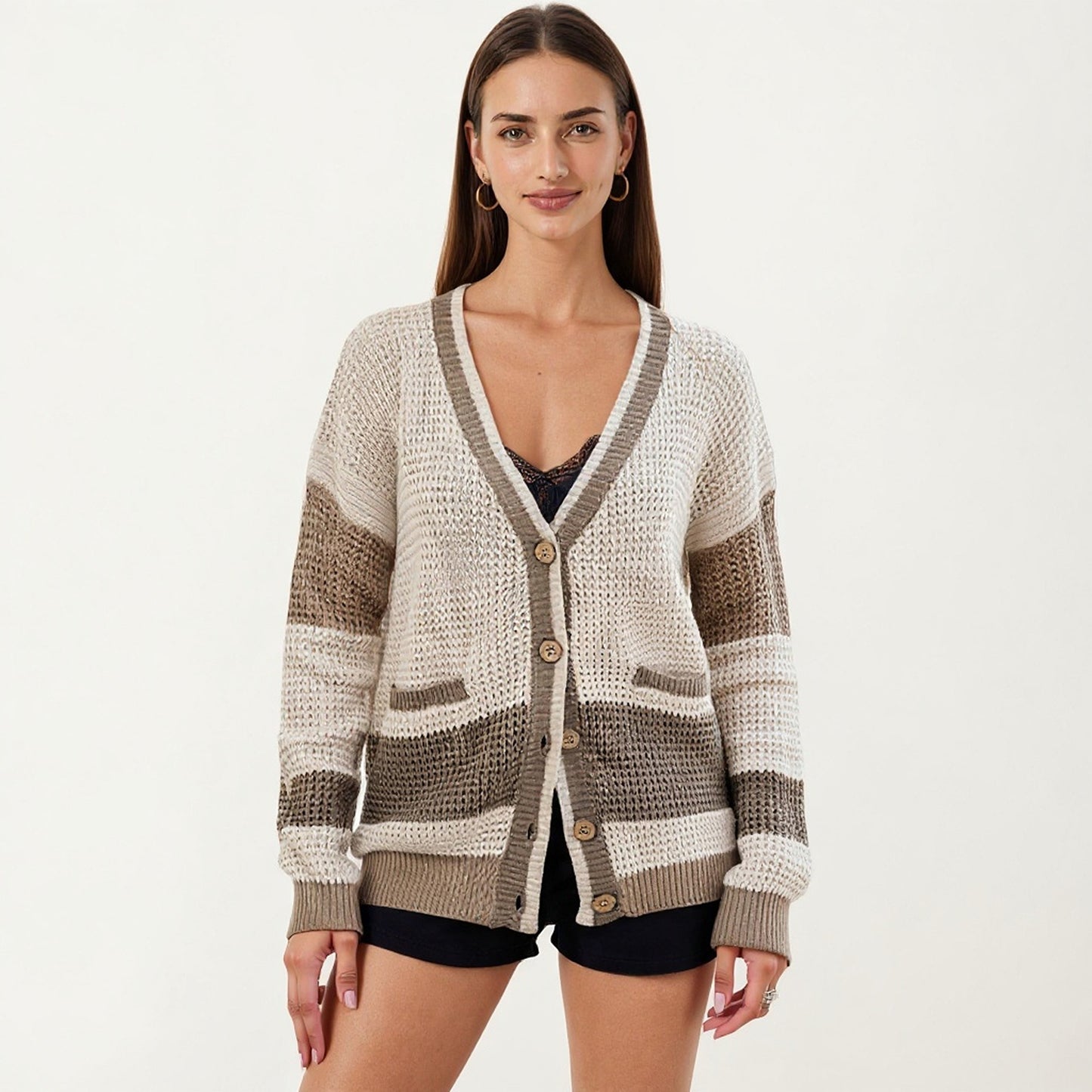 Long Sleeve Button Front Striped Knit Cardigan with Pockets and Relaxed Fit