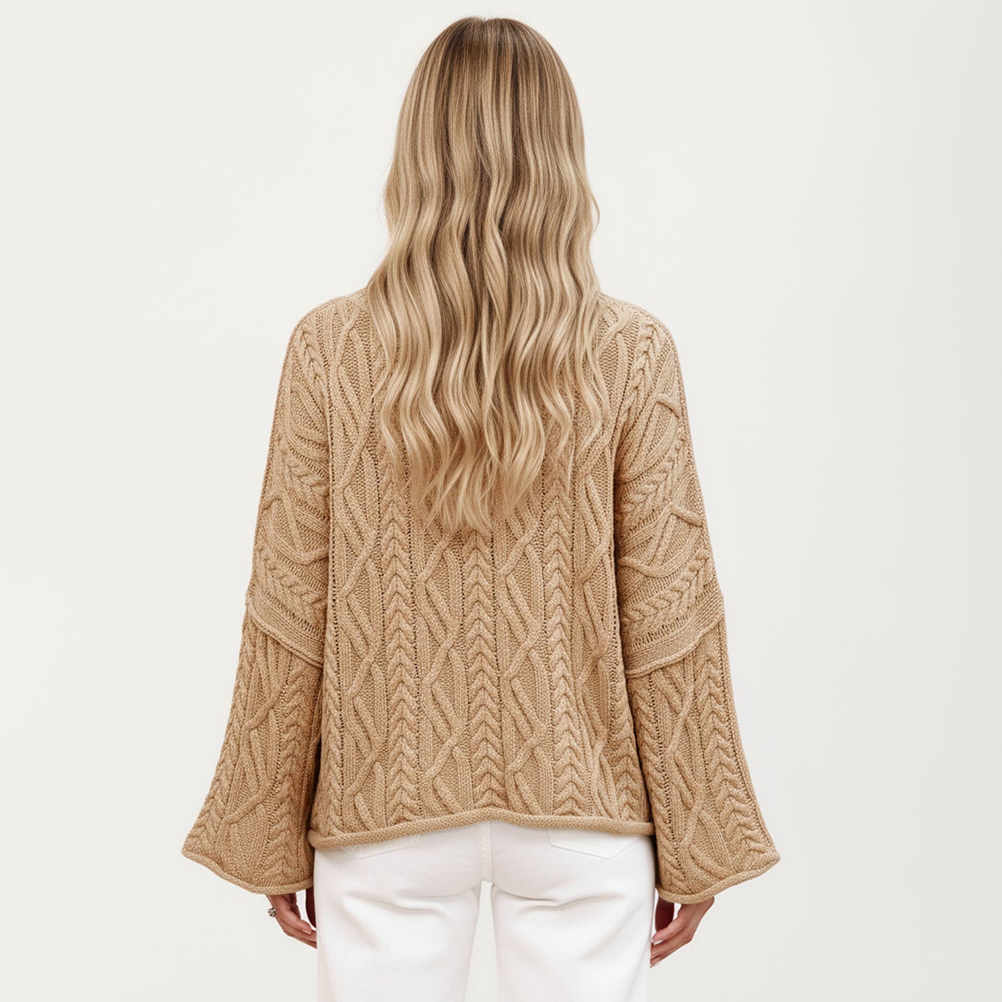 Long Sleeve Cable Knit Pullover Sweater with Relaxed Fit and Wide Cuff Sleeves