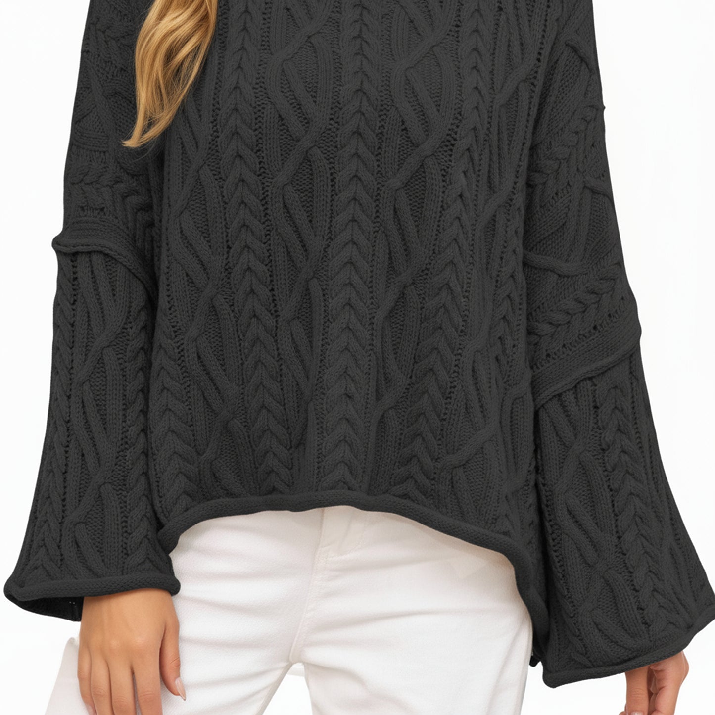 Long Sleeve Cable Knit Pullover Sweater with Relaxed Fit and Wide Cuff Sleeves