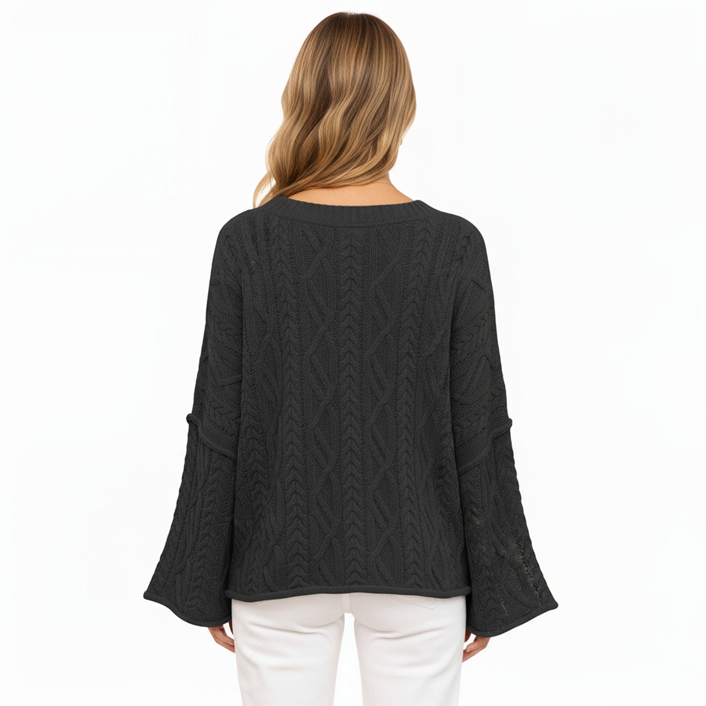 Long Sleeve Cable Knit Pullover Sweater with Relaxed Fit and Wide Cuff Sleeves
