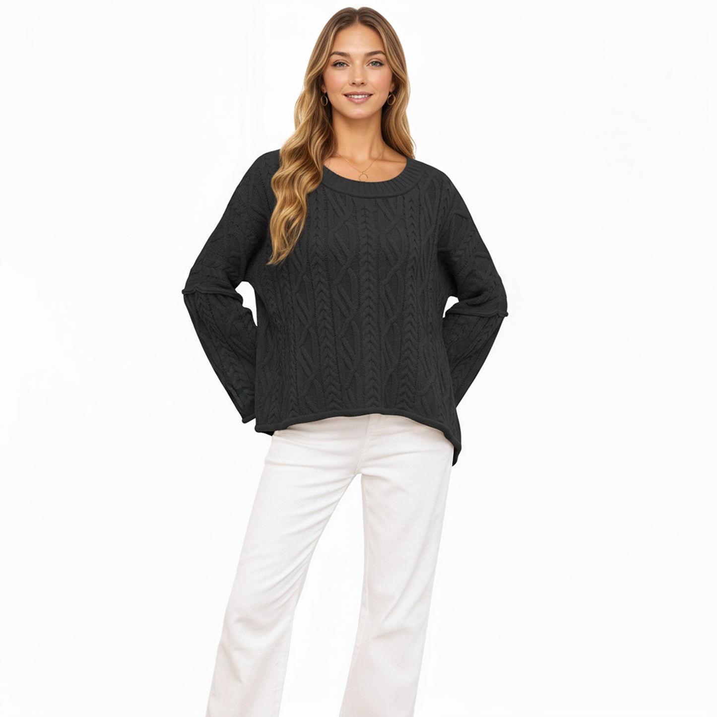Long Sleeve Cable Knit Pullover Sweater with Relaxed Fit and Wide Cuff Sleeves