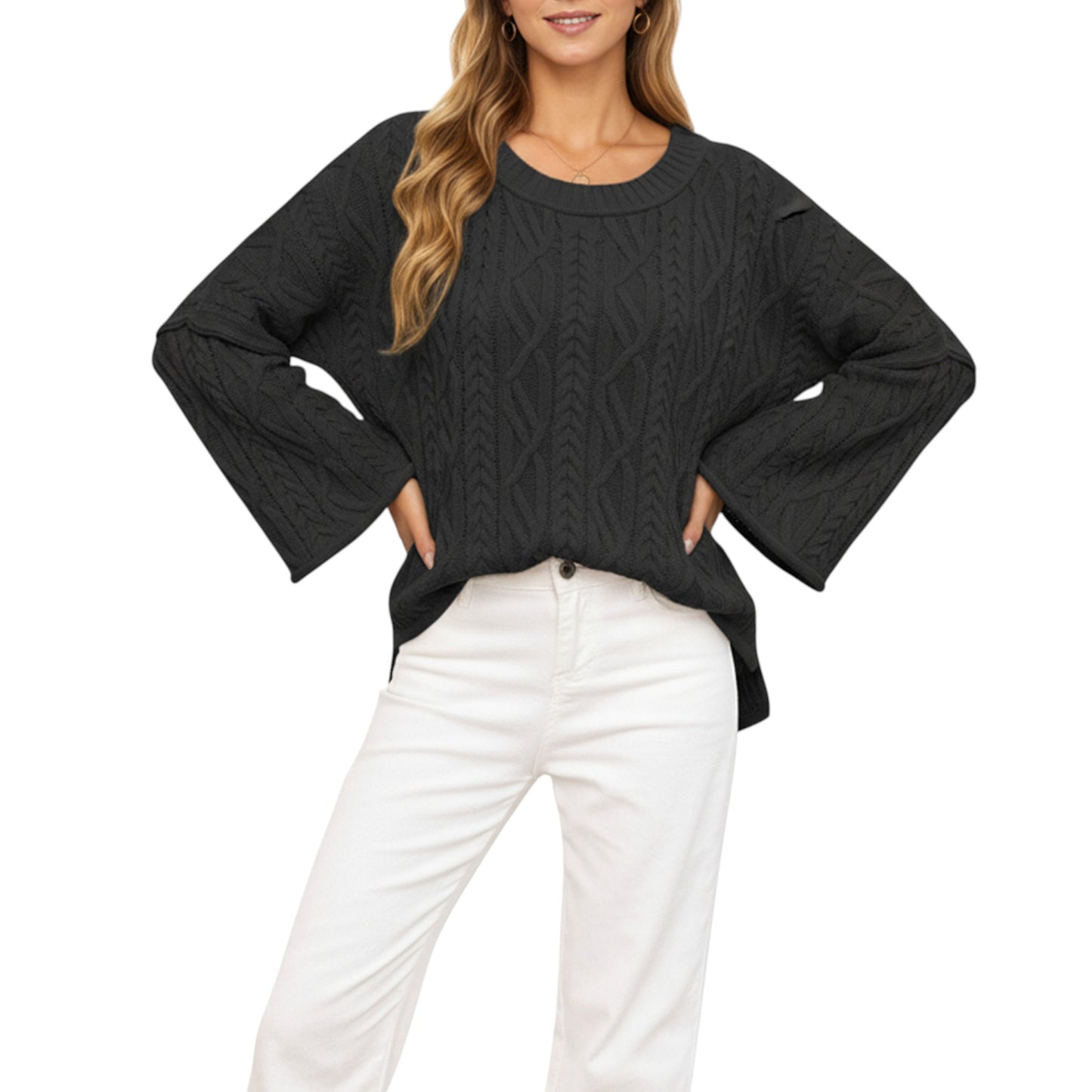 Long Sleeve Cable Knit Pullover Sweater with Relaxed Fit and Wide Cuff Sleeves