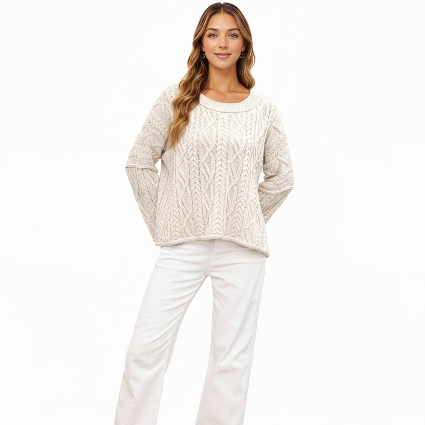 Long Sleeve Cable Knit Pullover Sweater with Relaxed Fit and Wide Cuff Sleeves