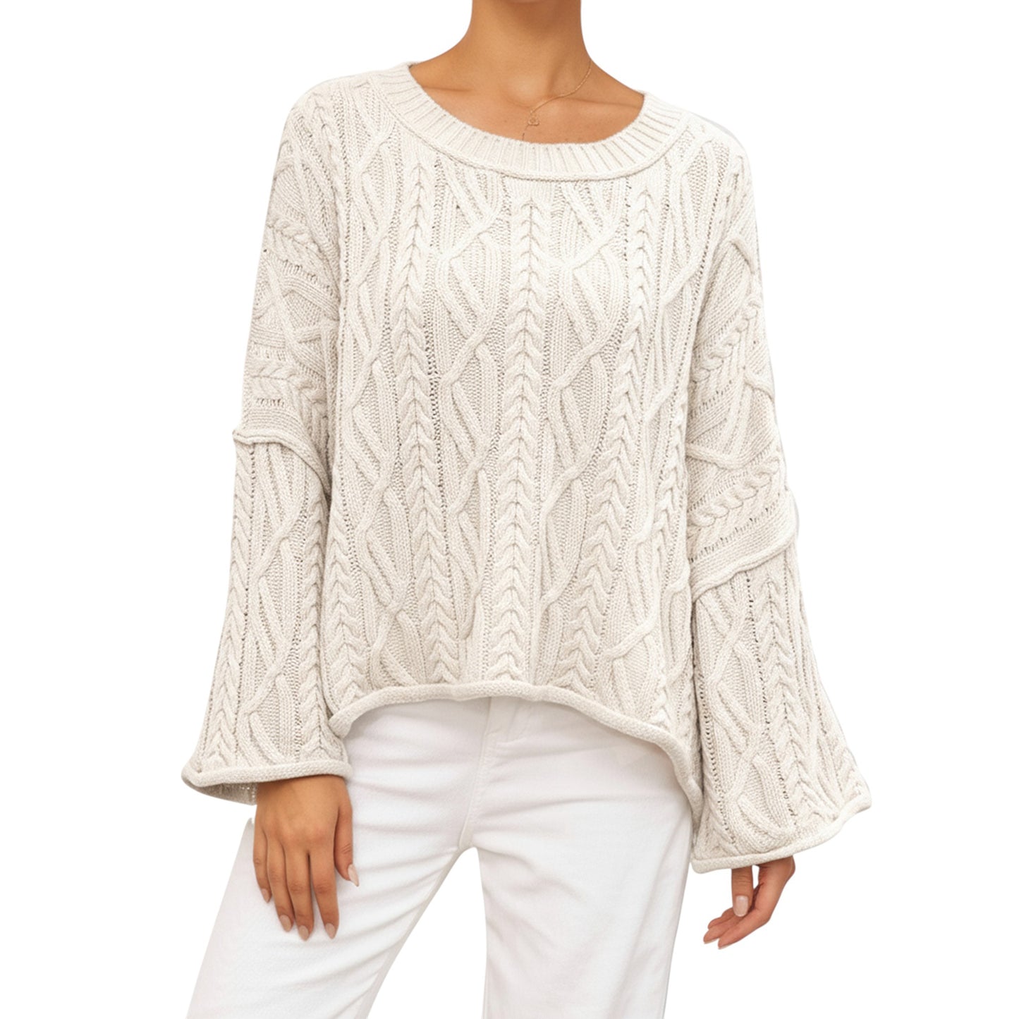 Long Sleeve Cable Knit Pullover Sweater with Relaxed Fit and Wide Cuff Sleeves