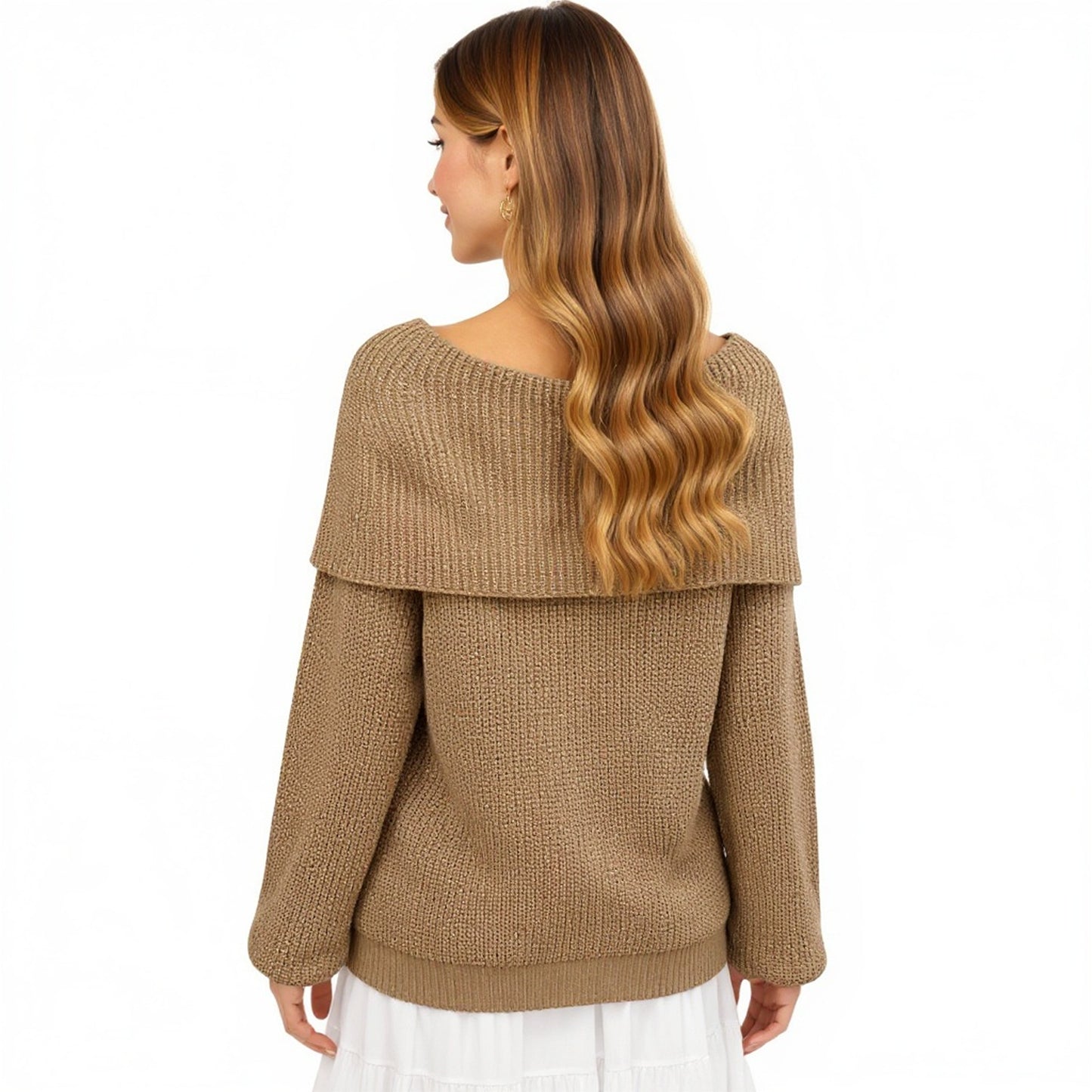 Off Shoulder Long Sleeve Knit Pullover Sweater with Relaxed Fit