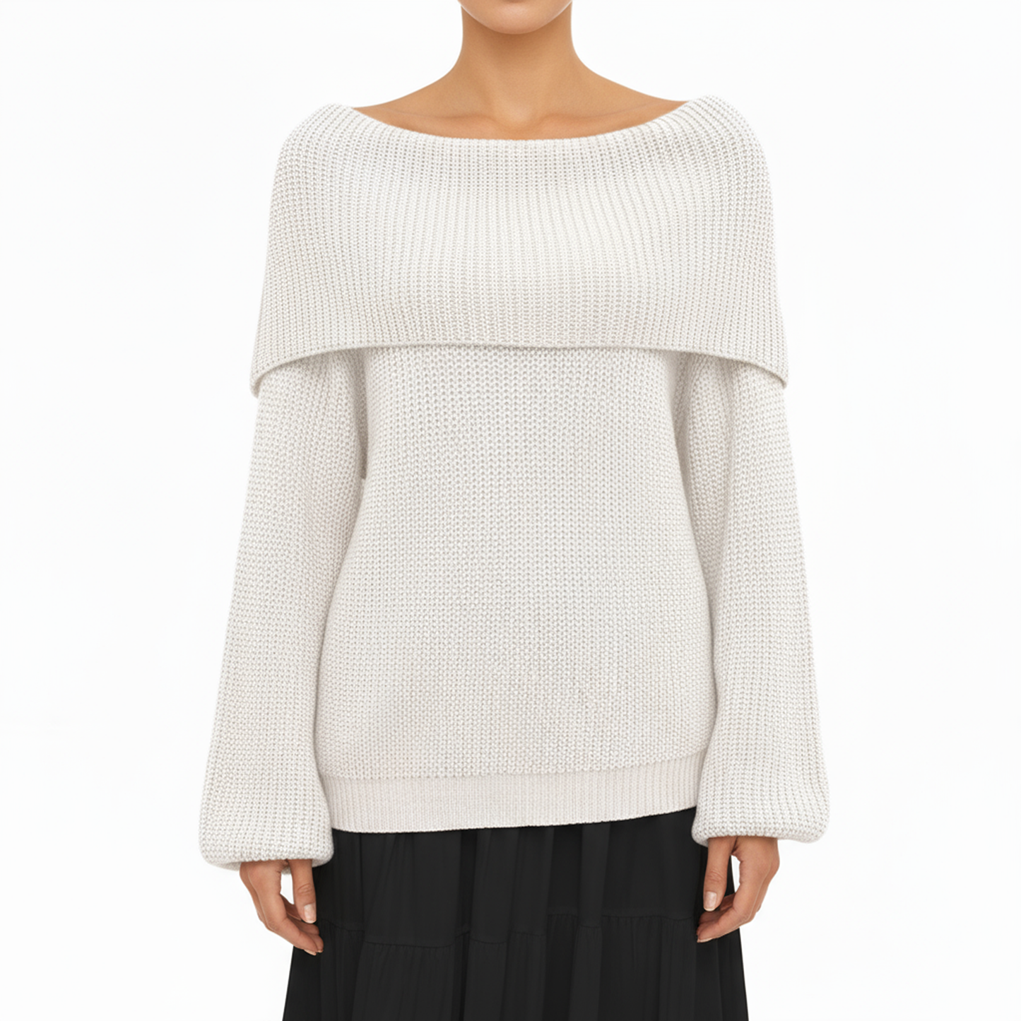 Off Shoulder Long Sleeve Knit Pullover Sweater with Relaxed Fit