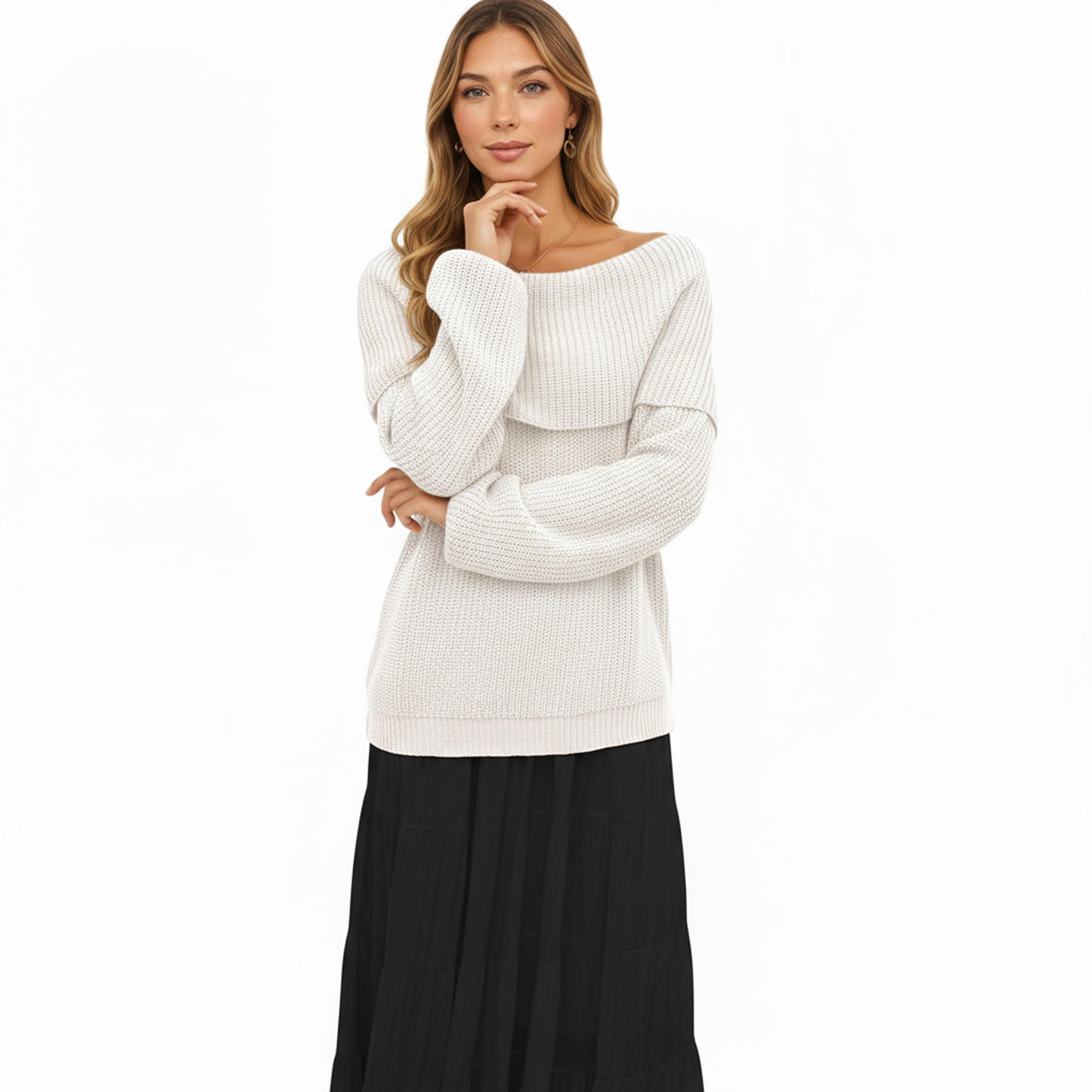 Off Shoulder Long Sleeve Knit Pullover Sweater with Relaxed Fit