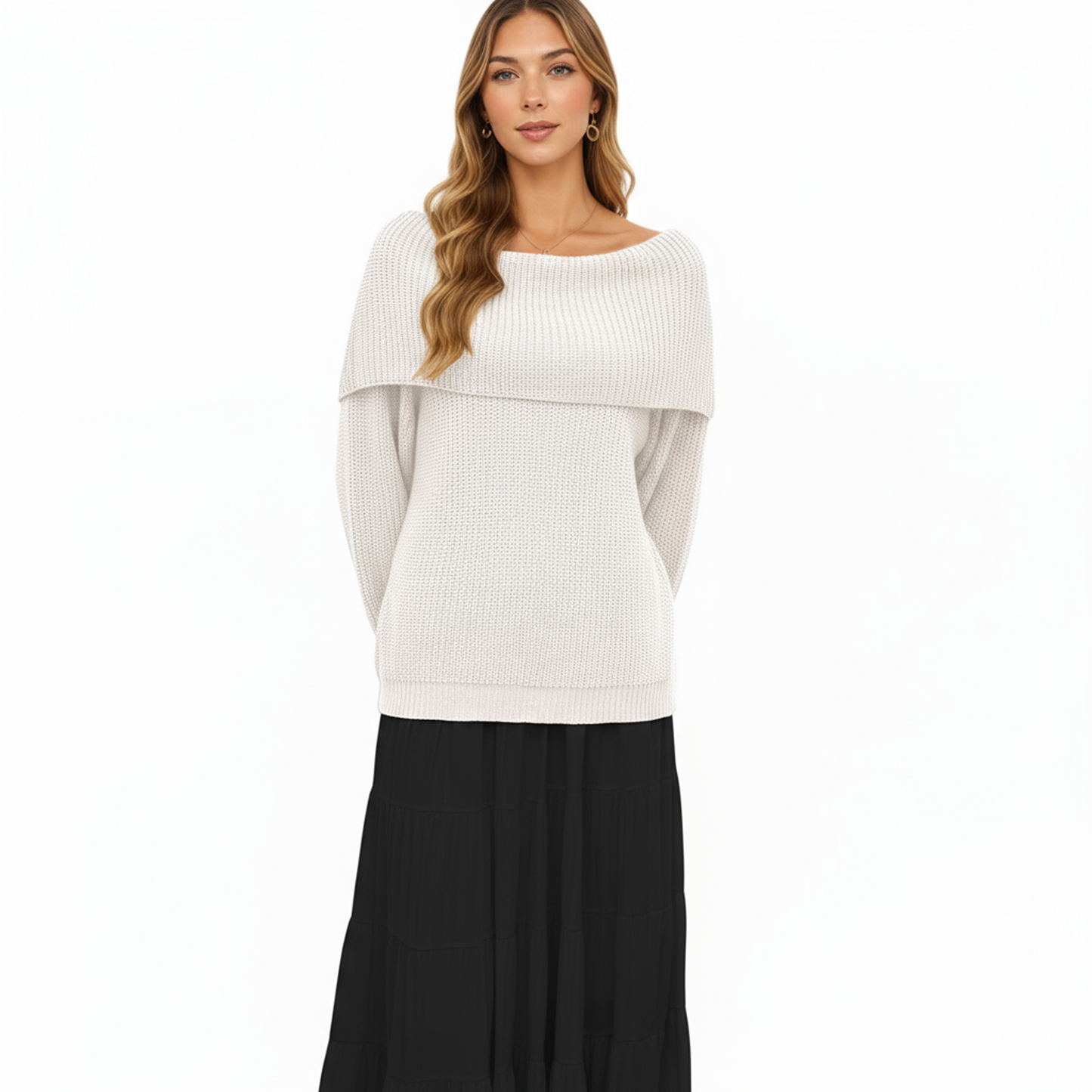 Off Shoulder Long Sleeve Knit Pullover Sweater with Relaxed Fit