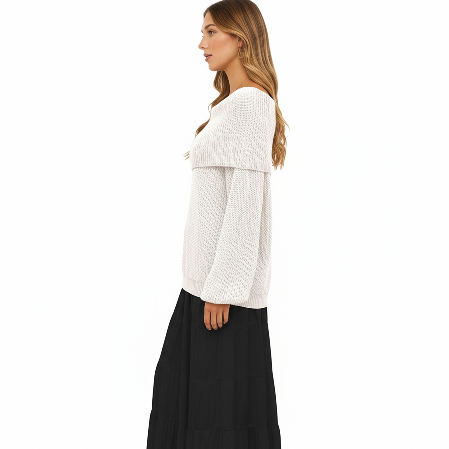 Off Shoulder Long Sleeve Knit Pullover Sweater with Relaxed Fit