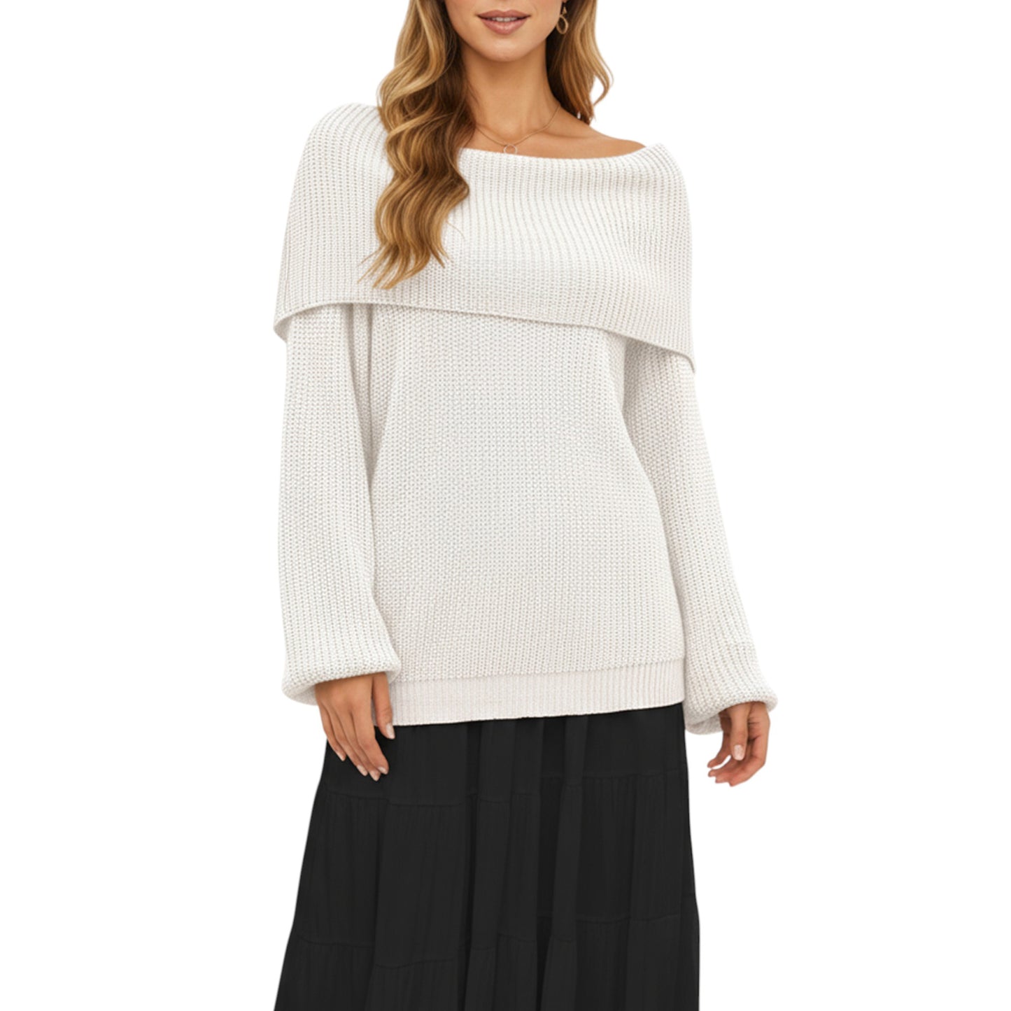 Off Shoulder Long Sleeve Knit Pullover Sweater with Relaxed Fit