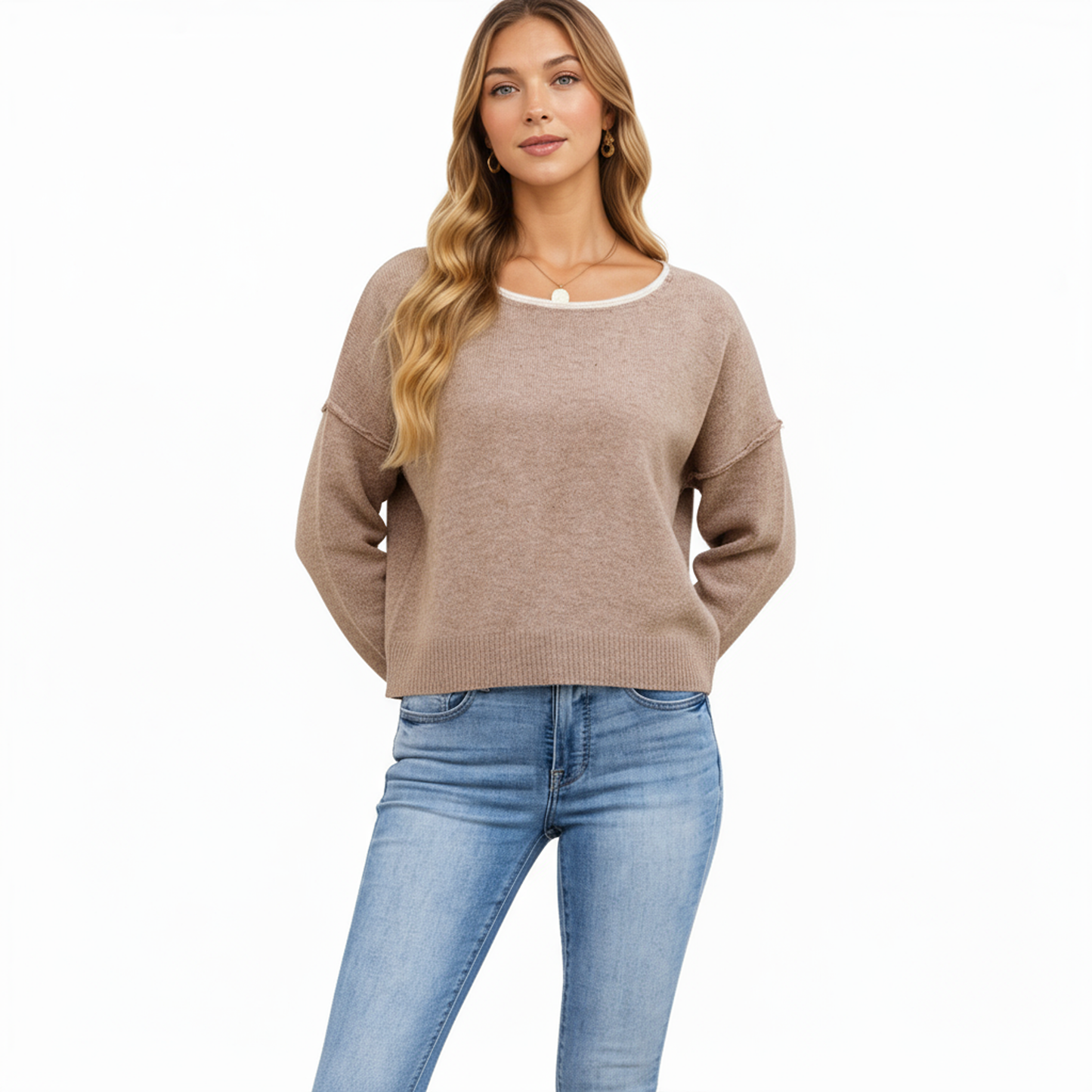 Long Sleeve Crew Neck Knit Pullover Sweater with Contrast Trim