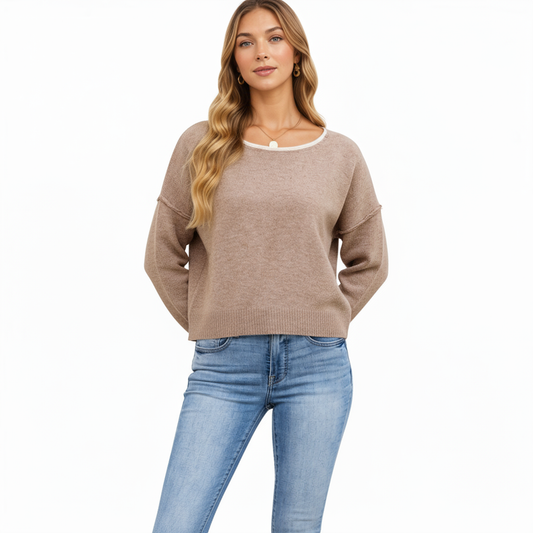 Long Sleeve Crew Neck Knit Pullover Sweater with Contrast Trim