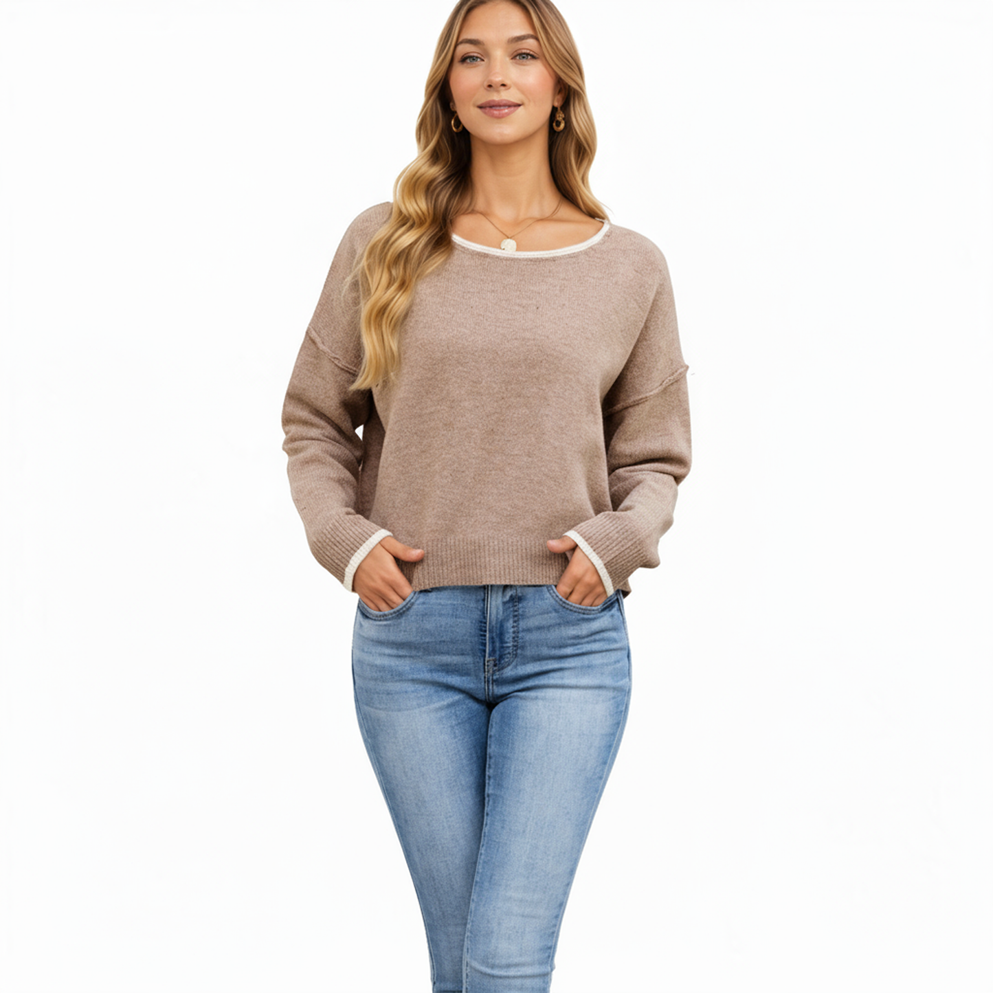 Long Sleeve Crew Neck Knit Pullover Sweater with Contrast Trim