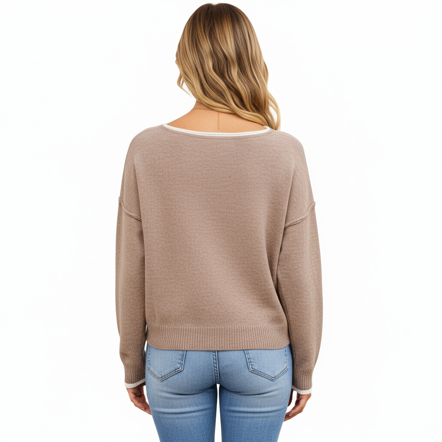 Long Sleeve Crew Neck Knit Pullover Sweater with Contrast Trim