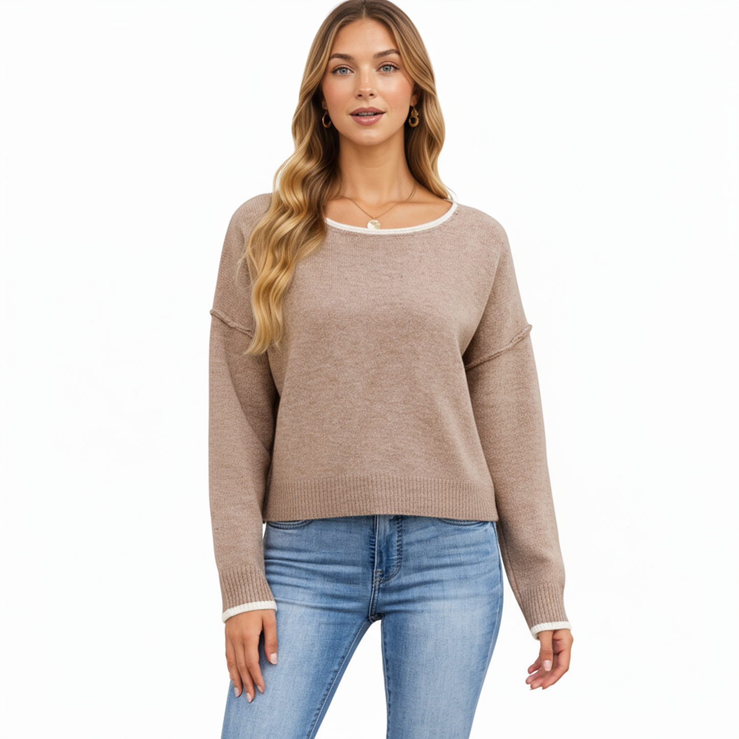 Long Sleeve Crew Neck Knit Pullover Sweater with Contrast Trim