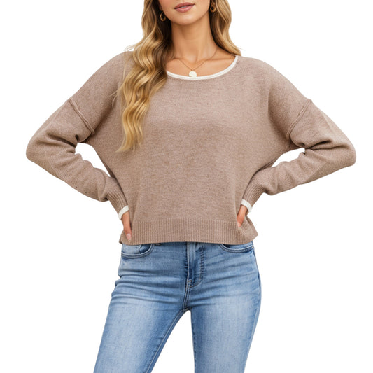 Long Sleeve Crew Neck Knit Pullover Sweater with Contrast Trim
