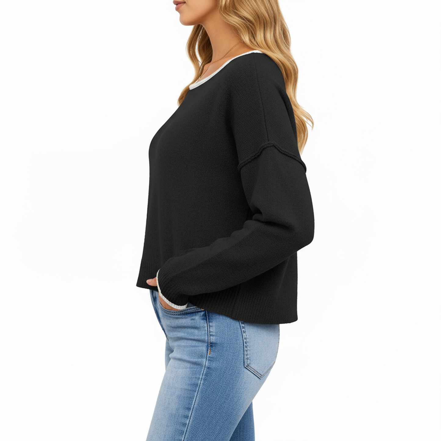 Long Sleeve Crew Neck Knit Pullover Sweater with Contrast Trim
