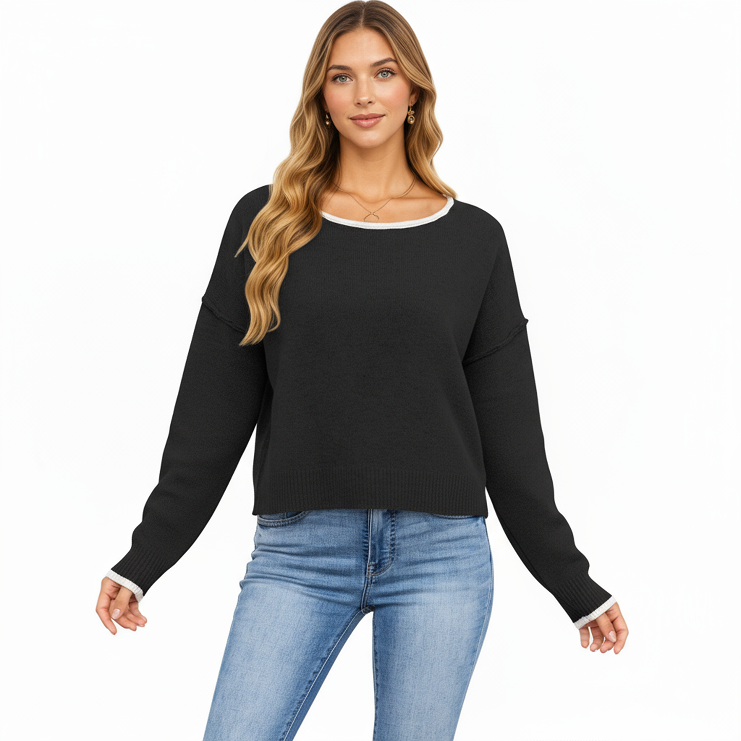 Long Sleeve Crew Neck Knit Pullover Sweater with Contrast Trim