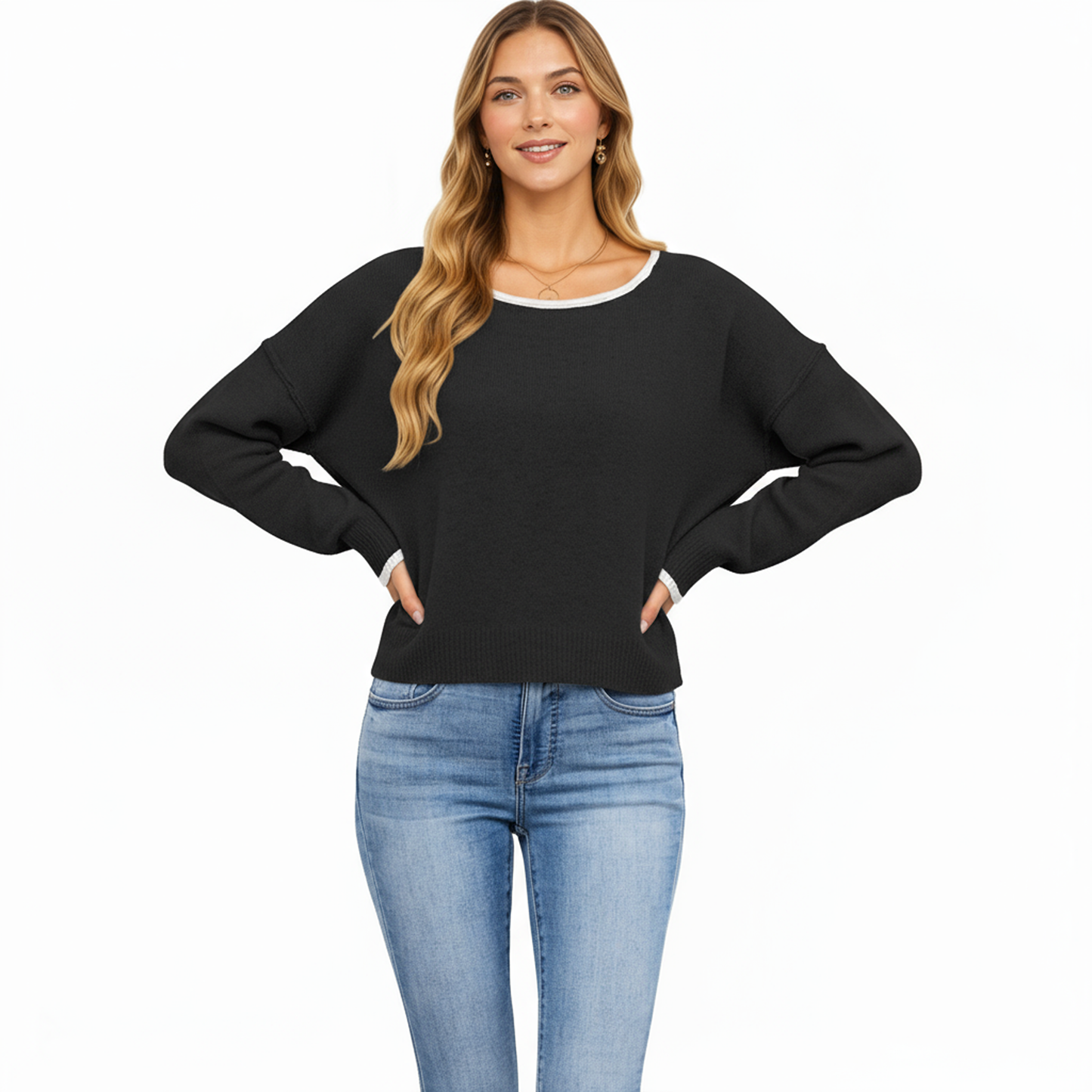 Long Sleeve Crew Neck Knit Pullover Sweater with Contrast Trim