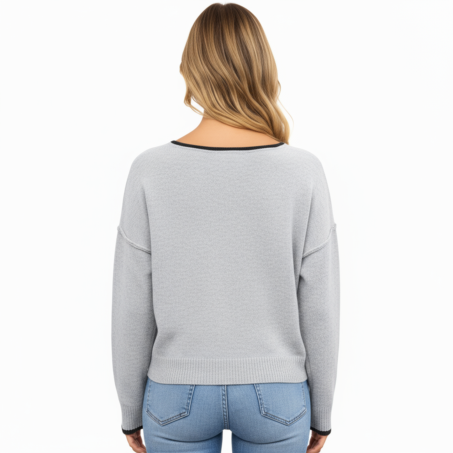 Long Sleeve Crew Neck Knit Pullover Sweater with Contrast Trim