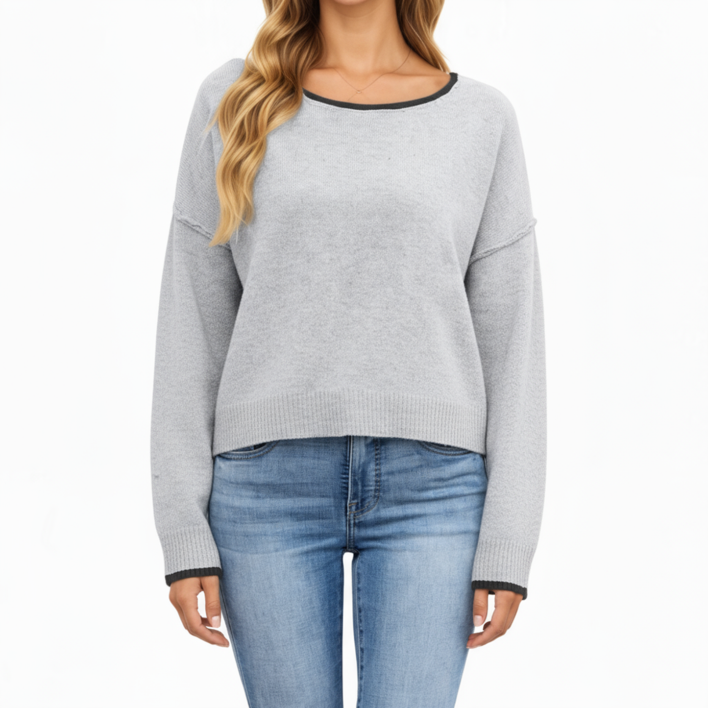 Long Sleeve Crew Neck Knit Pullover Sweater with Contrast Trim